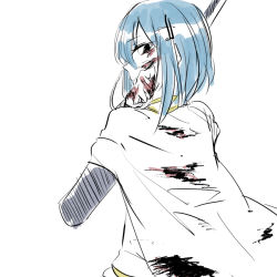 Rule 34 | 10s, 1girl, blood, blood on face, blood on hands, blue hair, cape, fortissimo, hair ornament, mahou shoujo madoka magica, mahou shoujo madoka magica (anime), miki sayaka, mizuki (flowerlanguage), musical note, musical note hair ornament, simple background, sketch, solo, sword, weapon