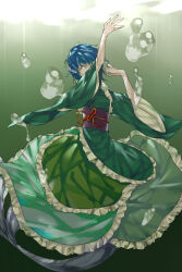 Rule 34 | 1girl, aymmogh, blue hair, bubble, fins, frilled kimono, frills, full body, green eyes, green kimono, head fins, japanese clothes, kimono, long sleeves, looking at viewer, mermaid, monster girl, sash, short hair, solo, touhou, underwater, wakasagihime, wide sleeves