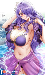 Rule 34 | 1girl, bare shoulders, blush, breasts, camilla (fire emblem), camilla (summer) (fire emblem), cleavage, collarbone, fire emblem, fire emblem fates, fire emblem heroes, flower, hair flower, hair ornament, hair over one eye, highres, large breasts, long hair, looking at viewer, navel, nintendo, o-ring, parted lips, piukute062, purple eyes, purple hair, sarong, smile, solo, swimsuit, thighs, wading, water, wavy hair, wet