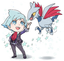 Rule 34 | 1boy, :d, aihysa, bird, blue eyes, blue hair, chibi, collared shirt, commentary request, creatures (company), game freak, gen 2 pokemon, jacket, long sleeves, looking up, male focus, necktie, nintendo, open mouth, pants, pokemon, pokemon (creature), pokemon oras, red necktie, shirt, shoes, short hair, signature, skarmory, smile, standing, star (symbol), steven stone, teeth, tongue, upper teeth only, vest, white shirt