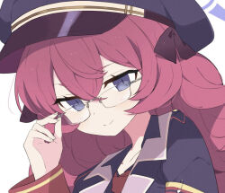 Rule 34 | 1girl, black hat, black jacket, black skirt, blue archive, close-up, glasses, hat, iroha (blue archive), jacket, looking at viewer, necktie, purple eyes, red hair, red necktie, skirt, solo, white background, ymm007xx