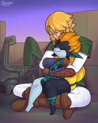 Rule 34 | 1girl, barefoot, blonde hair, blush, boots, closed eyes, cobat, highres, hug, hug from behind, imp, link, midna, monster girl, night, nintendo, orange hair, pointy ears, sitting, sitting on lap, sitting on person, size difference, smile, solo, the legend of zelda, the legend of zelda: twilight princess, thick thighs, thighs, unworn headwear
