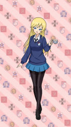Rule 34 | 1girl, black neckwear, blonde hair, blue eyes, blue sweater, breasts, character name, cup, earl grey (girls und panzer), emblem, english text, girls und panzer, highres, holding, long hair, long sleeves, school uniform, sharky (sharkycast), simple background, skirt, st. gloriana&#039;s (emblem), st. gloriana&#039;s school uniform, sweater, teacup