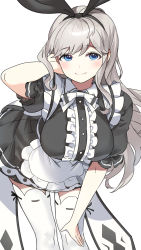 Rule 34 | 1girl, arm up, black headwear, black ribbon, blue eyes, breasts, check copyright, closed mouth, commission, copyright request, cropped, elsword, frills, gogoco, grey hair, hand on own knee, highres, large breasts, long hair, maid, ribbon, simple background, skindentation, smile, solo, white background, white legwear