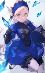 Rule 34 | 1girl, black gloves, blue butterfly, blue dress, blue hairband, blurry, book, bug, butterfly, butterfly on hand, commentary request, depth of field, dress, gloves, hairband, highres, holding, holding book, insect, lavenza (persona 5), long hair, looking at viewer, mia cbx, pantyhose, parted lips, persona, persona 5, solo, upper body, white hair, white pantyhose, yellow eyes