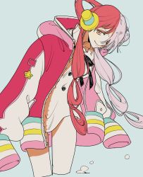 Rule 34 | 1girl, dress, hair over one eye, hair rings, highres, jacket, jacket on shoulders, long hair, looking at viewer, multicolored hair, numata (oioioioiai), one piece, one piece film: red, oversized clothes, red hair, ribbon, short dress, smile, solo, two-tone hair, uta (one piece), white hair