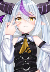 Rule 34 | 1girl, absurdres, alternate hairstyle, ascot, bare shoulders, black horns, braid, braided bangs, detached sleeves, grey hair, highres, hololive, horns, jastiment, la+ darknesss, la+ darknesss (1st costume), multicolored hair, pointy ears, purple hair, streaked hair, striped horns, twintails, virtual youtuber, yellow ascot, yellow eyes