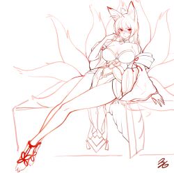 Rule 34 | 1girl, 3gs, ahoge, animal ear fluff, animal ears, ara haan, ara haan (celestial fox), bare shoulders, barefoot, between legs, blush, breasts, cleavage, detached collar, elsword, facial mark, fang, fox ears, fox tail, frown, full body, hand on own face, highres, large breasts, long hair, long sleeves, looking to the side, looking up, monochrome, multiple tails, shakti (elsword), sitting, sketch, solo, tail, wide sleeves