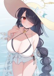 Rule 34 | 1girl, bare arms, bare legs, bare shoulders, black hair, black one-piece swimsuit, blue archive, blush, braid, breasts, cleavage, collarbone, cowboy shot, hair over one eye, halo, hat, highres, hinata (blue archive), hinata (swimsuit) (blue archive), kurumi lm, large breasts, long hair, official alternate costume, one-piece swimsuit, red eyes, single braid, solo, straw hat, swimsuit, very long hair, white one-piece swimsuit, yellow halo