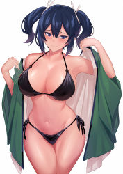 Rule 34 | 1girl, absurdres, bikini, bikini under clothes, black bikini, blue hair, breasts, cleavage, collarbone, commentary request, cowboy shot, green kimono, groin, hair ribbon, halterneck, highres, japanese clothes, kantai collection, kimono, large breasts, looking at viewer, navel, o-ring, o-ring bikini, o-ring top, ribbon, side-tie bikini bottom, simple background, solo, souryuu (kancolle), string bikini, swimsuit, swimsuit under clothes, thigh gap, twintails, ulrich (tagaragakuin), white background