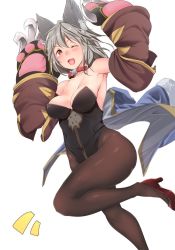 Rule 34 | 10s, 1girl, aki (akikaze asparagus), animal ears, armpits, bare shoulders, black pantyhose, blush, breasts, cat day, cleavage, collar, erune, granblue fantasy, grey hair, high heels, highres, leotard, looking at viewer, medium breasts, one eye closed, pantyhose, red eyes, red footwear, sen (granblue fantasy), shoes, simple background, smile, solo, white background