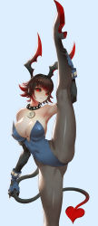 Rule 34 | 1girl, absurdres, armpits, bare shoulders, black gloves, black hair, black horns, black sclera, bloodstained: ritual of the night, blue background, blue gloves, blue leotard, bracer, breasts, cleavage, clock, collar, colored sclera, colored shoe soles, covered erect nipples, demon girl, demon horns, demon tail, elbow gloves, eyelashes, fishnet pantyhose, fishnets, flexible, flipped hair, gloves, gradient hair, grey pantyhose, hand on own leg, hand up, high heels, highres, holding tail, horns, jewelry, joker.z, layered gloves, leg lift, leg up, leotard, lili (bloodstained), looking at viewer, multicolored hair, pantyhose, parted lips, pendant, red eyes, red horns, shoe soles, short hair, sideways glance, simple background, smile, solo, spiked collar, spikes, split, standing, standing on one leg, standing split, strapless, strapless leotard, tail