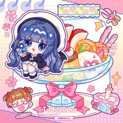 1girl ankle_socks apple apple_slice beret black_ribbon black_shirt black_shoes blue_eyes blue_hair blunt_bangs blush_stickers bow bowl brown_hair cake cake_slice camcorder camera candle cardcaptor_sakura character-themed_food cherry_blossoms chibi chinese_commentary commentary_request commission cup dadada_ruzi daidouji_tomoyo eyelashes fire flower food fruit glass_bowl gradient_background hair_bobbles hair_ornament halftone hat hat_ribbon heart highres holding holding_camera ice_cream kinomoto_sakura long_hair long_sleeves miniskirt on_food open_mouth pink_background pink_bow pink_flower pleated_skirt pocky pretzel pudding puffy_long_sleeves puffy_sleeves ribbon sailor_collar sample_watermark saucer school_uniform scissors serafuku shirt shoes sitting skirt smile socks sparkle teacup tomoeda_elementary_school_uniform two_side_up very_long_hair video_camera watermark watermark_grid wavy_hair white_hat white_sailor_collar white_skirt white_socks yellow_background