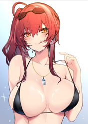 Rule 34 | 1girl, absurdres, ahoge, azur lane, bare arms, bare shoulders, bikini, black bikini, blue background, blush, breasts, cleavage, collarbone, goggles, goggles on head, gradient background, highres, large breasts, licking lips, looking at viewer, nakatama kyou, official alternate costume, orange eyes, red hair, side ponytail, sidelocks, smile, solo, sparkle, strap lift, swimsuit, tongue, tongue out, upper body, whistle, whistle around neck, zara (azur lane), zara (poolside coincidence) (azur lane)