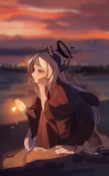 Rule 34 | 1girl, alternate costume, apopo, blue archive, blush, demon horns, fireworks, grey hair, halo, hand on own cheek, hand on own face, highres, hina (blue archive), holding fireworks, horns, japanese clothes, kimono, light smile, looking ahead, outdoors, sketch, solo, sparkler, squatting