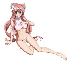 Rule 34 | 1girl, barefoot, blue eyes, blush, breasts, closed mouth, flower, fujikawa daichi, full body, hair flower, hair ornament, large breasts, long hair, looking at viewer, maria cadenzavna eve, navel, pink hair, senki zesshou symphogear, simple background, smile, solo, underboob, white background