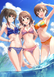 Rule 34 | 3girls, armpits, bare shoulders, barefoot, bikini, blush, bracelet, breasts, brown hair, cloud, collarbone, commentary request, day, double v, frilled bikini, frilled bikini top, frills, green eyes, groin, hair intakes, highres, honda mio, idolmaster, idolmaster cinderella girls, jewelry, long hair, looking at viewer, multiple girls, navel, necklace, new generations, one eye closed, open mouth, palm tree, partially submerged, partially underwater shot, ponytail, shibuya rin, shimamura uzuki, short hair, side-tie bikini bottom, sidelocks, sky, striped bikini, striped clothes, swimsuit, tamakaga, tree, underwater, v, wading, water, yellow eyes