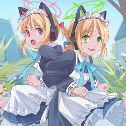 Rule 34 | 2girls, animal ear headphones, animal ears, apron, black dress, blonde hair, blue archive, dress, fake animal ears, frilled apron, frilled dress, frills, green eyes, green halo, halo, headphones, highres, long sleeves, maid, maid headdress, midori (blue archive), midori (maid) (blue archive), momoi (blue archive), momoi (maid) (blue archive), multiple girls, nikulas cage, official alternate costume, open mouth, pink halo, red eyes, short hair, siblings, sisters, smile, twins, white apron