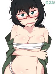 Rule 34 | 10s, 1girl, black hair, blue eyes, blush, breasts, cleavage, girls und panzer, glasses, hair between eyes, highres, large breasts, messy hair, navel, open mouth, oryou (girls und panzer), shiroobi (whitebeltmaster), simple background, solo, sweat, white background