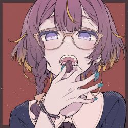 Rule 34 | 1girl, anya melfissa, blonde hair, blue nails, braid, brown hair, chocolate, eating, glasses, heart, heart-shaped pupils, highres, hololive, hololive indonesia, multicolored hair, nail polish, open mouth, pochi (pochi-goya), portrait, purple eyes, side braid, solo, symbol-shaped pupils, two-tone hair, virtual youtuber