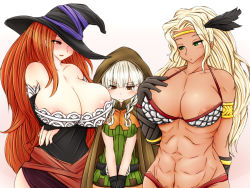 Rule 34 | 3girls, amazon (dragon&#039;s crown), areola slip, armor, bad id, bad pixiv id, bare shoulders, bikini armor, blonde hair, breast envy, breast press, breasts, brown eyes, brown hair, cloak, dragon&#039;s crown, elf (dragon&#039;s crown), hat, hat over one eye, height difference, huge breasts, konoe (roaroaroa), large breasts, long hair, multiple girls, muscular, one eye covered, pointy ears, red hair, small breasts, sorceress (dragon&#039;s crown), witch hat