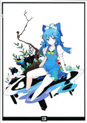 Rule 34 | 1girl, absurdres, adapted costume, aged up, alternate costume, alternate hairstyle, blue dress, blue eyes, blue hair, bow, cirno, dress, earrings, full body, hair ribbon, highres, ideolo, jewelry, leaf, looking at viewer, matching hair/eyes, no wings, partially submerged, puffy sleeves, ribbon, scan, short hair, short sleeves, simple background, sitting, solo, sweatdrop, touhou, water, wet, wet clothes, white background