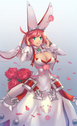 Rule 34 | 1girl, :q, ahoge, animal ears, arc system works, bad id, bad pixiv id, blue eyes, bouquet, breasts, bridal veil, cleavage, cleavage cutout, clothing cutout, clover, dress, earrings, elphelt valentine, flower, four-leaf clover, green eyes, guilty gear, guilty gear xrd, hairband, jewelry, juliet sleeves, large breasts, licking lips, long sleeves, looking at viewer, maekawa yuichi, petals, pink hair, puffy sleeves, rabbit ears, red flower, red rose, ribbon, rose, rose petals, shiny clothes, shiny skin, short hair, smile, solo, spikes, standing, swept bangs, tongue, tongue out, veil, wedding dress, white dress