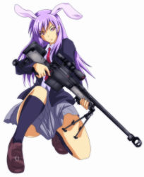 Rule 34 | 1girl, animal ears, anti-materiel rifle, bipod, blouse, bolt action, female focus, gun, highres, jacket, junkei, kneehighs, loafers, on one knee, pgm hecate ii, pink eyes, purple hair, rabbit ears, reisen udongein inaba, rifle, school uniform, scope, shirt, shoes, skirt, sniper rifle, socks, solo, squatting, touhou, trigger discipline, weapon