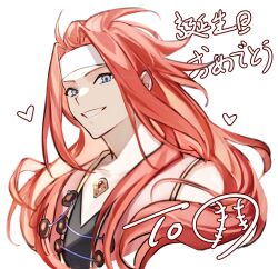 Rule 34 | 1boy, blue eyes, collarbone, commentary request, gem, grin, hair intakes, headband, heart, highres, long hair, looking at viewer, male focus, pink vest, red hair, simple background, smile, solo, tales of (series), tales of symphonia, teeth, tiyi (tiyi a09), translation request, upper body, vest, white background, white headband, zelos wilder