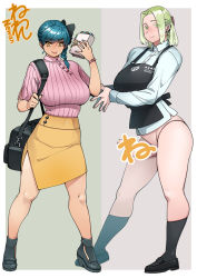 Rule 34 | 2girls, apron, ave (neone), bag, black apron, black bag, black bow, black footwear, black socks, blonde hair, blue hair, blush, bottomless, bow, braid, braided ponytail, breasts, buttons, censored, censored by text, collared shirt, dress shirt, erection, full body, futanari, green eyes, green hair, hair bow, hair over one eye, hand up, handbag, holding, impossible clothes, impossible shirt, kneehighs, large breasts, legs apart, long sleeves, looking at viewer, multiple girls, neone, original, own hands together, penis, sarah (neone), shirt, shoes, short sleeves, side slit, skirt, smile, socks, standing, white shirt, wristband, yellow eyes, yellow skirt