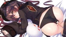 Rule 34 | 1girl, all fours, ass, bed sheet, black headwear, black nails, black panties, black shorts, blush, brown hair, clothes pull, commentary request, covering privates, covering crotch, from above, genshin impact, gradient hair, highres, hu tao (genshin impact), long hair, long sleeves, looking at viewer, looking up, marisayaka, multicolored hair, nail polish, on bed, panties, parted lips, purple hair, red eyes, shorts, shorts pull, sleeves past wrists, solo, star-shaped pupils, star (symbol), symbol-shaped pupils, thighs, top-down bottom-up, underwear, very long hair