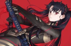 Rule 34 | 1girl, black hair, bodysuit, fate/grand order, fate (series), highres, horns, ishtar (fate), katana, kouzuki kei, long hair, looking at viewer, multicolored hair, red background, red eyes, red hair, scabbard, sheath, sheathed, simple background, solo, space ishtar (fate), space ishtar (first ascension) (fate), sword, weapon