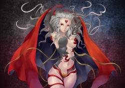 Rule 34 | 1girl, armor, bad id, bad pixiv id, breasts, cape, cleavage, cloud of darkness, facial mark, final fantasy, final fantasy iii, gloves, grey hair, heart, long hair, midriff, red eyes, revealing clothes, smile, solo, tattoo