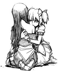 Rule 34 | 10s, 2013, 2girls, akemi homura, bow, clothes grab, gloves, greyscale, hair bow, high heels, kaname madoka, kneeling, long hair, looking at viewer, magical girl, mahou shoujo madoka magica, mahou shoujo madoka magica (anime), monochrome, multiple girls, pantyhose, seiza, short twintails, silverxp, sitting, twintails, yuri