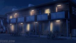 Rule 34 | air conditioner, apartment, bicycle, building, car, commentary, door, english commentary, foxeleos, grass, highres, light, motor vehicle, night, night sky, no humans, original, outdoors, scenery, sky, stairs, window