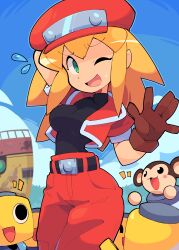 Rule 34 | 1girl, absurdres, arm behind head, bacun, belt, black shirt, blonde hair, blue sky, breasts, brown gloves, cabbie hat, commentary, cropped jacket, data (mega man), embarrassed, english commentary, flying sweatdrops, gloves, green eyes, hat, highres, jacket, long hair, medium breasts, mega man (series), mega man legends (series), monkey, one eye closed, outdoors, pants, red jacket, red pants, robot, roll caskett (mega man), servbot (mega man), shirt, short sleeves, sky, smile, spiked hair, sweatdrop