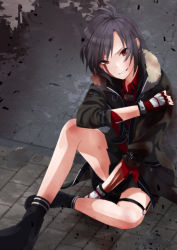 Rule 34 | 1girl, aco (bearchannel), androgynous, between legs, black hair, black skirt, black socks, blood, blood on face, brown coat, brown eyes, coat, collared shirt, fingerless gloves, fur-trimmed coat, fur trim, gloves, grin, hand between legs, highres, idol heroes (idolmaster), idolmaster, idolmaster (classic), kikuchi makoto, long sleeves, looking at viewer, miniskirt, open clothes, open coat, pleated skirt, red shirt, shirt, short hair, sitting, skirt, smile, socks, solo, thigh strap, wing collar