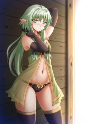 Rule 34 | 10s, 1girl, arm up, babydoll, bare shoulders, black bra, black gloves, black panties, black ribbon, black thighhighs, blurry, blurry background, blush, bow, bow panties, bra, breasts, closed mouth, collarbone, commentary, depth of field, elbow gloves, elf, gloves, goblin slayer!, green babydoll, green eyes, green hair, hair between eyes, hair ribbon, hand up, head tilt, high elf archer (goblin slayer!), highres, kazenokaze, long hair, looking at viewer, navel, nose blush, panties, pointy ears, ribbon, see-through, sidelocks, small breasts, solo, standing, sweat, thighhighs, underwear, very long hair