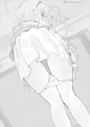 Rule 34 | 1girl, ass, bare legs, blush, commentary request, dutch angle, floral print, from behind, greyscale, hairband, hamaburicchi, kneepits, komeiji satori, legs, long sleeves, looking at viewer, looking back, monochrome, panties, panty pull, print skirt, profile, short hair, skirt, solo, standing, thigh gap, thighs, third eye, touhou, twitter username, underwear