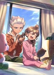 1boy 1girl adjusting_another&#039;s_hair barefoot bed_sheet blue_eyes braiding_hair brother_and_sister brown_hair closed_eyes curtains dolustoy drawstring gouenji_shuuya gouenji_yuuka green_pants hairdressing hand_in_another&#039;s_hair hand_mirror highres holding_another&#039;s_hair hood hood_down hoodie inazuma_eleven inazuma_eleven_(series) jacket light_blush long_hair mirror on_bed open_mouth orange_jacket pajamas pants pink_pajamas pink_pants pink_shirt shirt siblings sitting smile stuffed_animal stuffed_toy sweatdrop teddy_bear tying_another&#039;s_hair tying_hair white_hair white_hoodie window