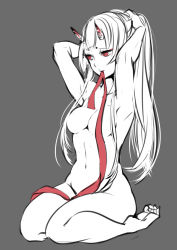 Rule 34 | 1girl, arm behind head, arm up, armpits, black background, breasts, bunching hair, collarbone, full body, groin, hair censor, head tilt, long hair, medium breasts, monochrome, mouth hold, navel, nejimaki oz, nude, oni, original, red ribbon, ribbon, simple background, sitting, sketch, solo, spot color, very long hair, wariza