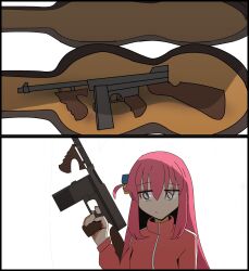 Rule 34 | black border, bocchi the rock!, border, bread forbidden, cube hair ornament, empty eyes, expressionless, eyebrows hidden by hair, eyes visible through hair, finger on trigger, gotoh hitori, guitar case, gun, hair ornament, highres, holding, holding gun, holding weapon, instrument case, long hair, pink hair, shaded face, submachine gun, thompson submachine gun, track suit, turtleneck, weapon, white background