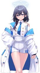 Rule 34 | 1girl, blue archive, blue necktie, commentary request, commission, halo, highres, korean commentary, necktie, original, pants, reason (ficafe), short shorts, shorts, simple background, solo, thighs, white background, white pants, white uniform