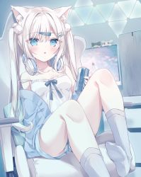 Rule 34 | 1girl, :o, animal ear fluff, animal ears, blue bow, blue eyes, blue jacket, blue shorts, blush, bow, breasts, camisole, can, chair, commentary, energy drink, frilled camisole, frills, grey socks, hair between eyes, hair ornament, hairclip, headphones, headphones around neck, highres, holding, holding can, hoshi (snacherubi), indoors, jacket, monitor, no shoes, off shoulder, office chair, on chair, open clothes, open jacket, original, panties, panties under shorts, parted lips, pillow, red bull, ribbed legwear, short shorts, shorts, sitting, small breasts, socks, soles, solo, strap slip, swivel chair, symbol-only commentary, two side up, underwear, upshorts, white camisole, white hair, white panties
