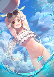 Rule 34 | 1girl, :d, armpits, arms up, ball, bikini, bikini top only, blue archive, blue sky, bottomless, brown eyes, cloud, commentary request, convenient censoring, day, e-note, eyewear on head, frilled bikini, frills, hifumi (blue archive), hifumi (swimsuit) (blue archive), highres, holding, holding ball, long hair, looking at viewer, navel, ocean, open mouth, pussy, pussy peek, round eyewear, sky, smile, solo, standing, sunglasses, swimsuit, twintails, water, water censor, wet, white bikini, white hair
