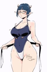 Rule 34 | 1girl, artist name, bare shoulders, blue hair, blue one-piece swimsuit, blunt bangs, bouncing breasts, breasts, collarbone, commentary, covered navel, cowboy shot, english commentary, glasses, groin, highleg, highleg swimsuit, holding, horns, large breasts, legs together, looking at viewer, lv1 maou to one room yuusha, motion lines, one-piece swimsuit, pointy ears, raised eyebrow, relaxjon, semi-rimless eyewear, short hair, sketch, solo, swimsuit, thighs, watermark, white one-piece swimsuit, wide hips, zenia (lv1 maou to one room yuusha)