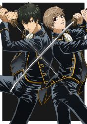 Rule 34 | 2boys, arms up, black background, black hair, black jacket, black pants, black vest, brown hair, commentary request, gintama, hair between eyes, highres, hijikata toushirou, holding, holding sword, holding weapon, jacket, katana, long sleeves, male focus, multiple boys, nikuhen, okita sougo, open clothes, open jacket, pants, parted lips, red eyes, shinsengumi (gintama), sword, two-handed, two-tone background, vest, weapon, white background