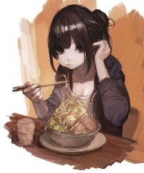 Rule 34 | 1girl, absurdres, adjusting hair, black eyes, black hair, black jacket, bowl, breasts, chair, cheek bulge, chopsticks, cleavage, closed mouth, collarbone, commentary request, cup, drinking glass, earrings, food, grey shirt, hair bun, hand in own hair, hand up, hashimoto kokai, highres, holding, holding chopsticks, jacket, jewelry, long hair, long sleeves, meat, medium breasts, noodles, open clothes, open jacket, original, plate, ramen, shirt, single hair bun, sitting, sketch, smile, solo, stud earrings, table, upper body