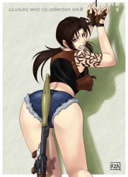 Rule 34 | 1girl, angry, ass, azasuke, back, bdsm, bent over, black lagoon, bondage, bound, bound wrists, brown eyes, brown hair, clenched teeth, denim, denim shorts, female focus, fingerless gloves, from behind, gloves, highres, holster, long hair, looking back, revy (black lagoon), rocket launcher, rope, rpg (weapon), short shorts, shorts, solo, standing, tank top, tattoo, teeth, weapon