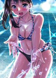 Rule 34 | 1girl, :d, absurdres, bare shoulders, beach, bikini, blue bikini, blush, breasts, cleavage, collarbone, commentary request, day, gridman universe, highres, kentap, looking at viewer, medium breasts, midriff, navel, open mouth, ponytail, smile, solo, splashing, ssss.gridman, striped bikini, striped clothes, swimsuit, takarada rikka
